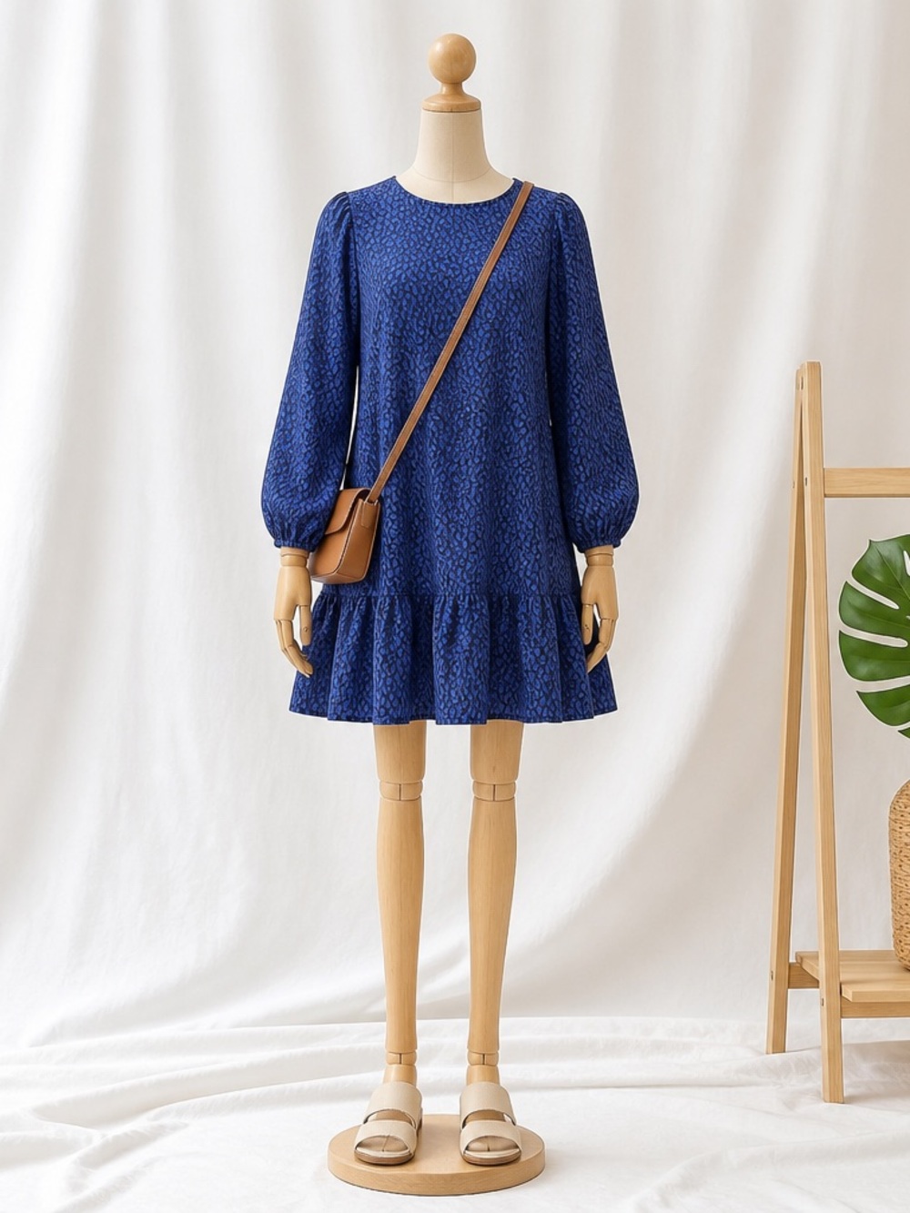 ANN TAYLOR Royal Blue Leopard Print Knee Length /Tiered Style / Ruffle-Hem Dress
